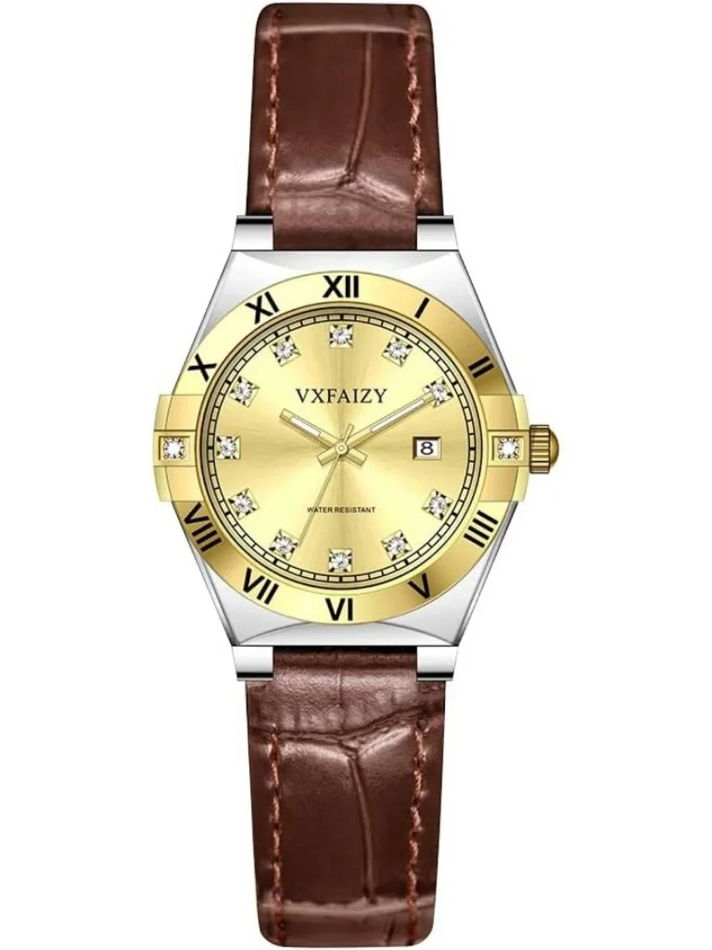 Women's Gold Brown Crystal Diamond Dial Genuine Leather Strap Wrist Watches